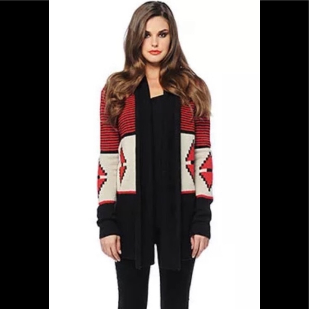 BB Dakota Wool Blend Southwest Aztec Red Black Cardigan Sweater Size Medium